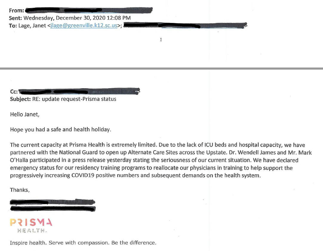 Jan. 9, 2021, Greenville County Schools FOIA response: third email (Prisma capacity)